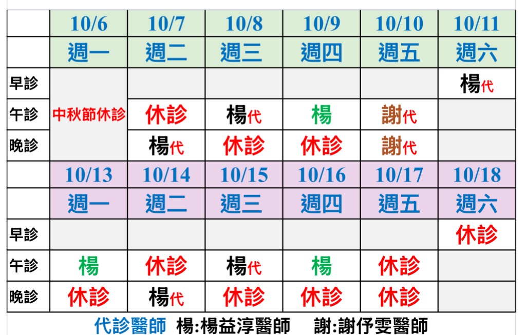 10/6/-10/18門診異動公告